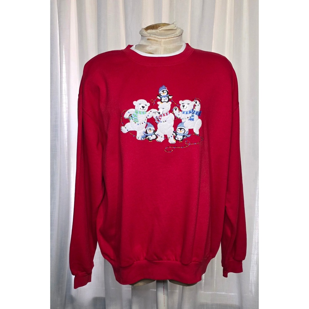 Morning Sun Polar Bear Penguin Christmas Sweatshirt Red Embroidered XL Vintage